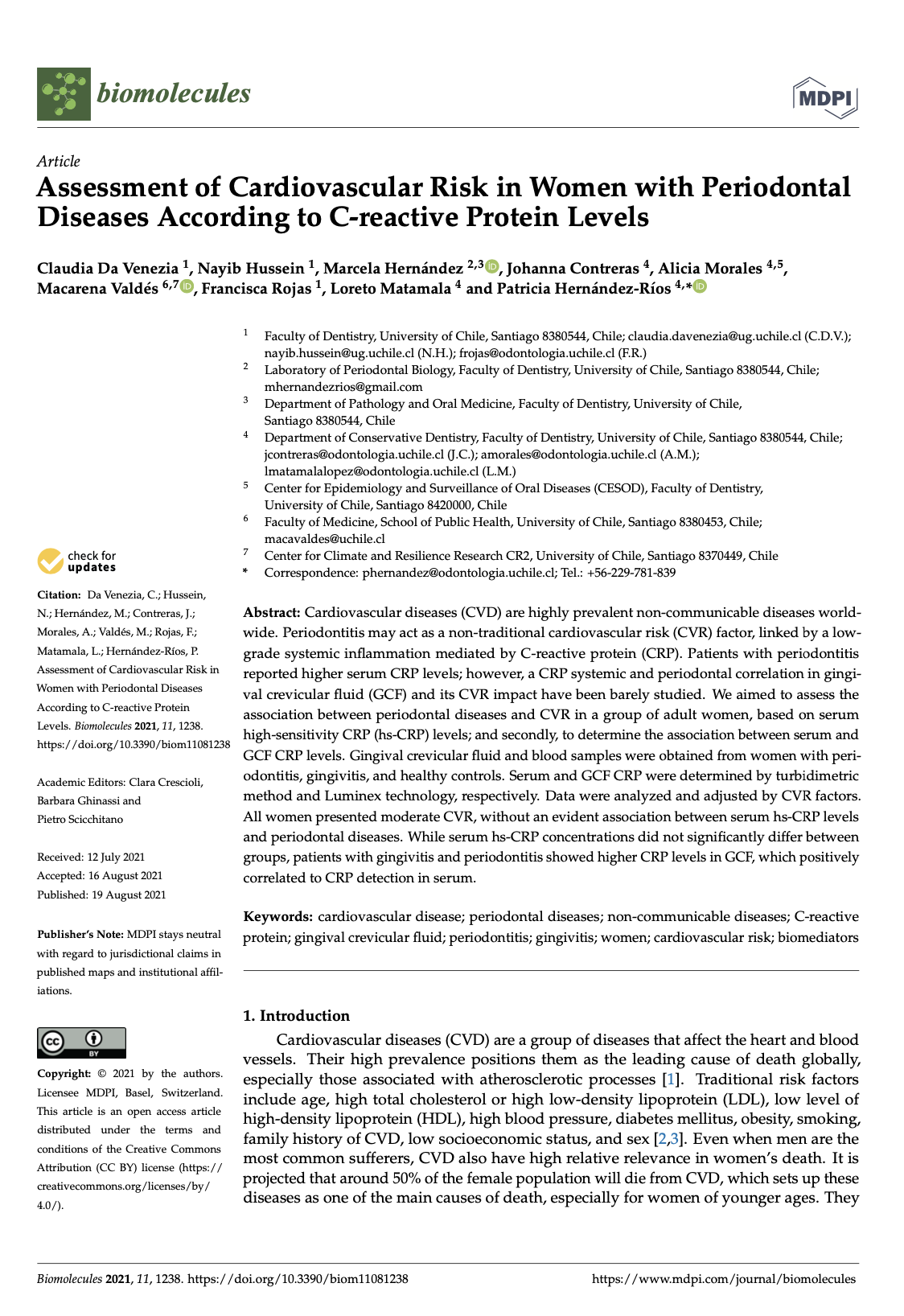 Assessment of Cardiovascular Risk in Women with Periodontal Diseases According to C-reactive Protein Levels