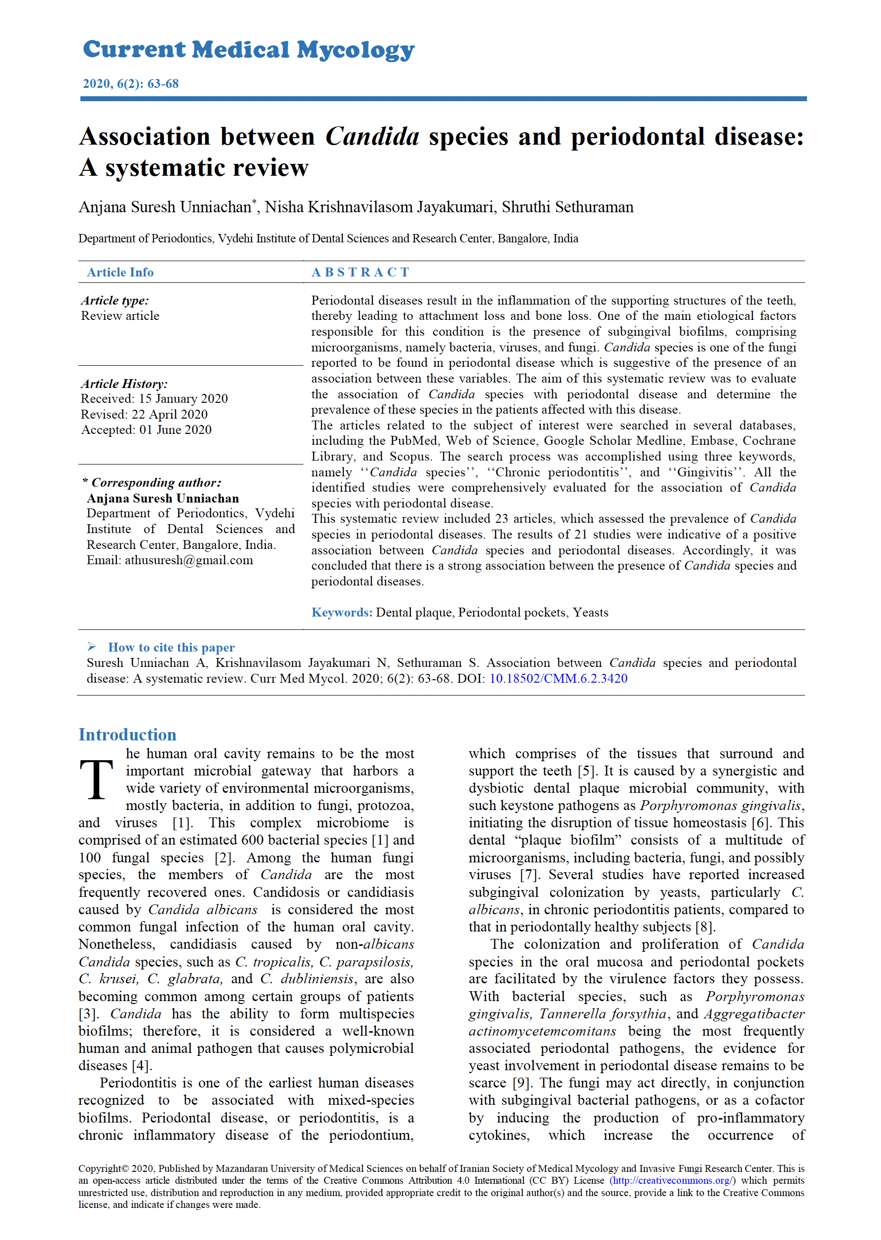 Association between Candida species and periodontal disease- A systematic review