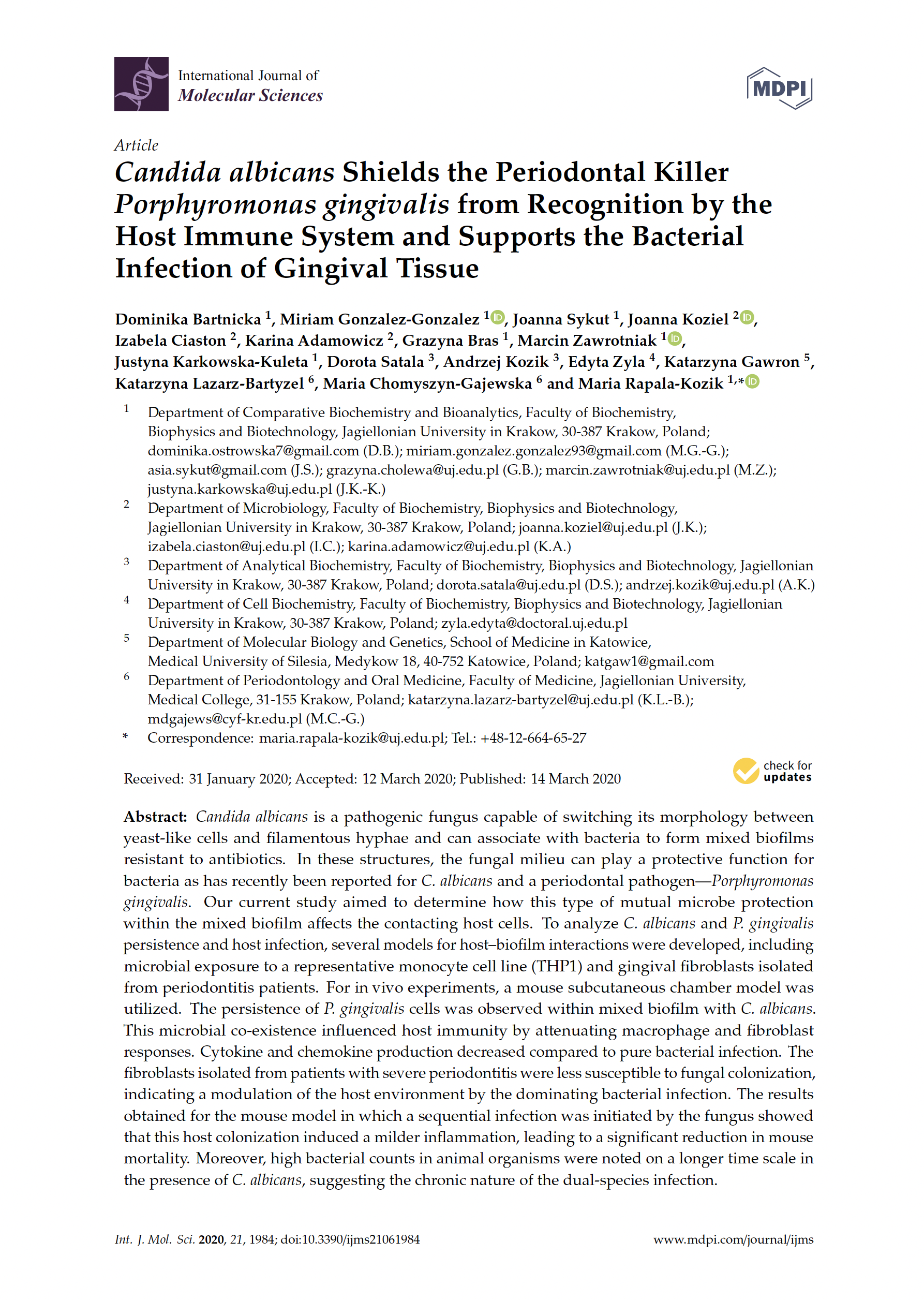 Candida shields the perio killer porphyromonas gingivalis from recognition by immune system