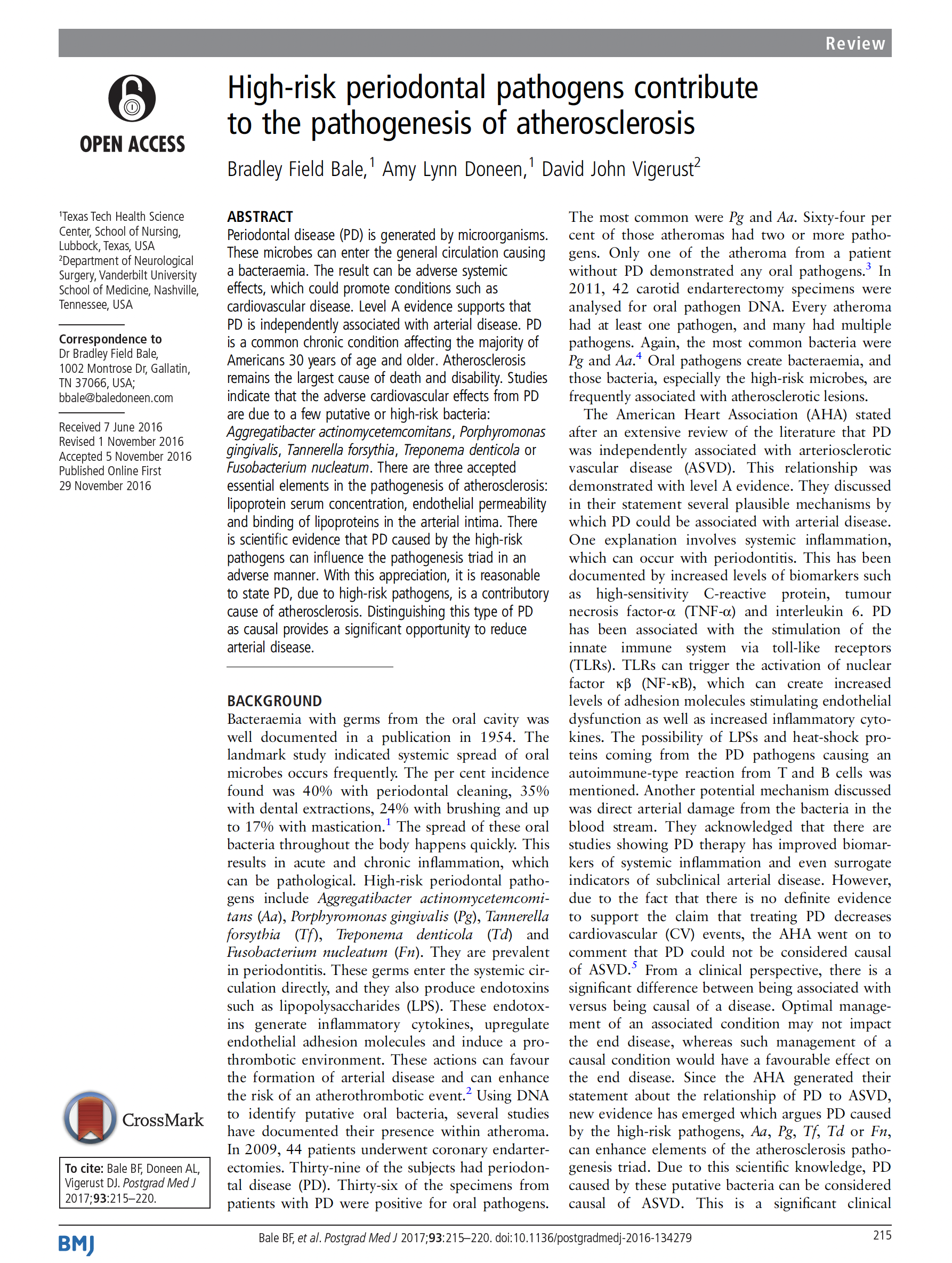 High-risk periodontal pathogens contribute to the pathogenesis of atherosclerosis