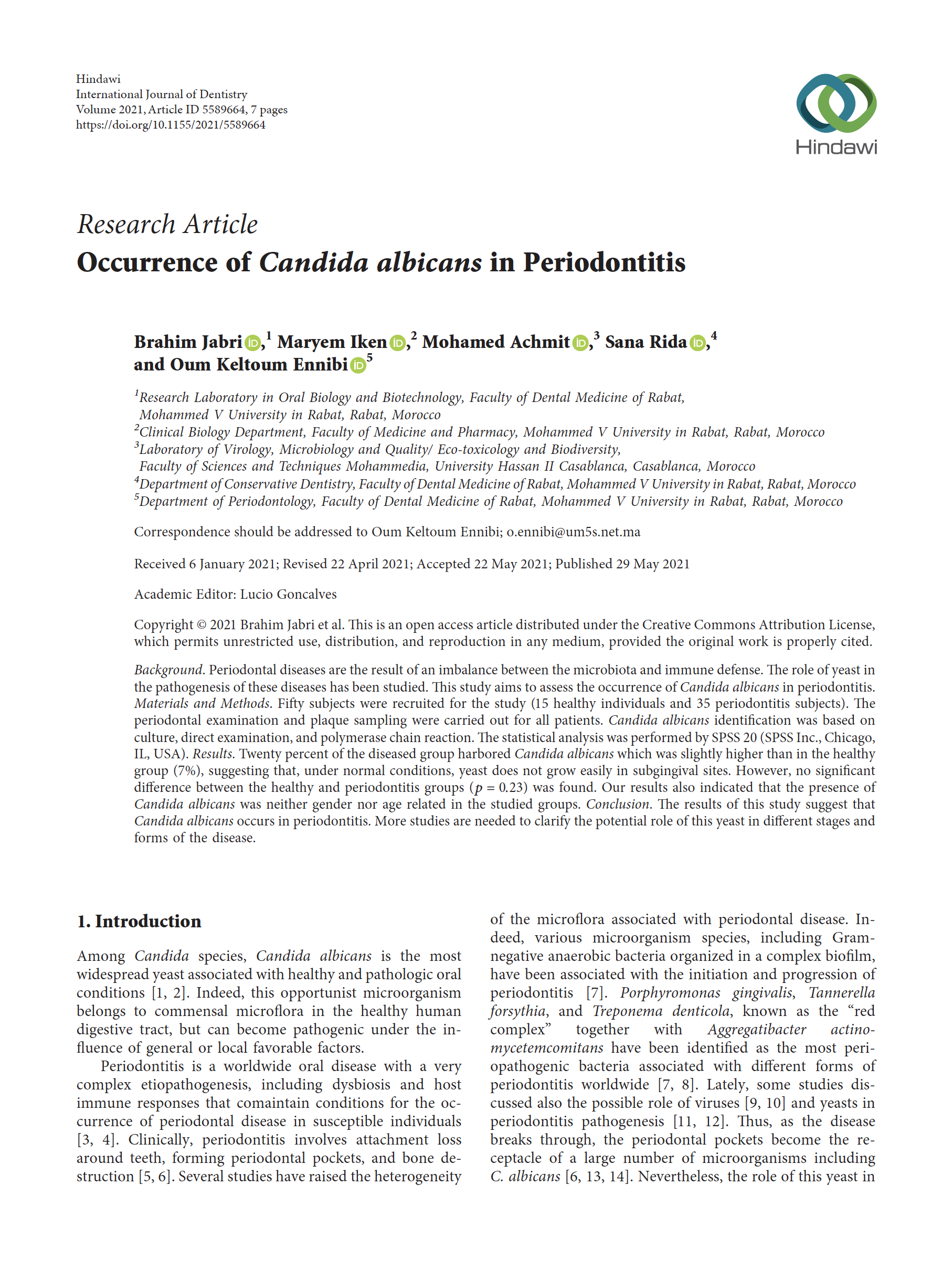 Occurrence of Candida albicans in Periodontitis