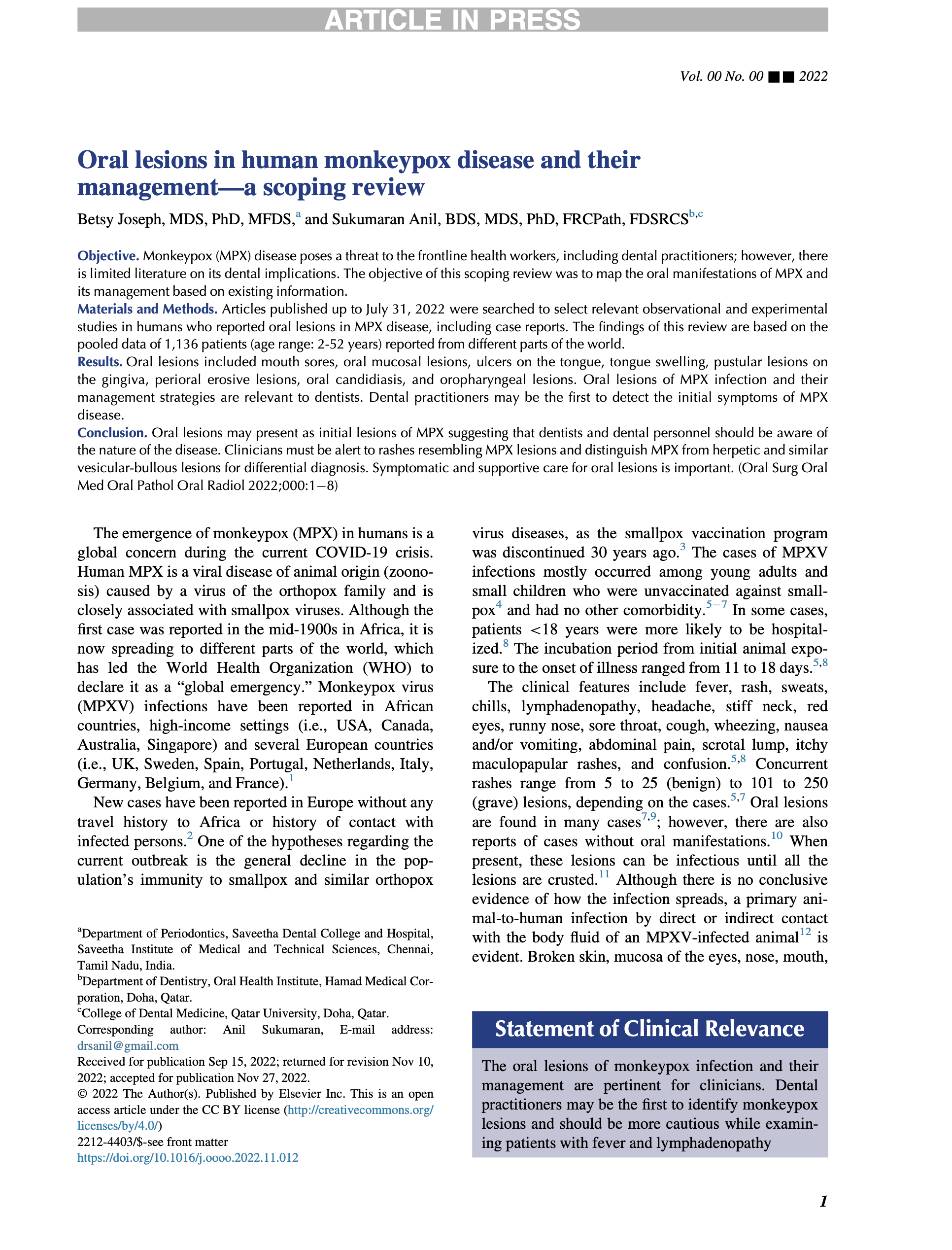 Oral lesions in human monkeypox disease and their management—a scoping review