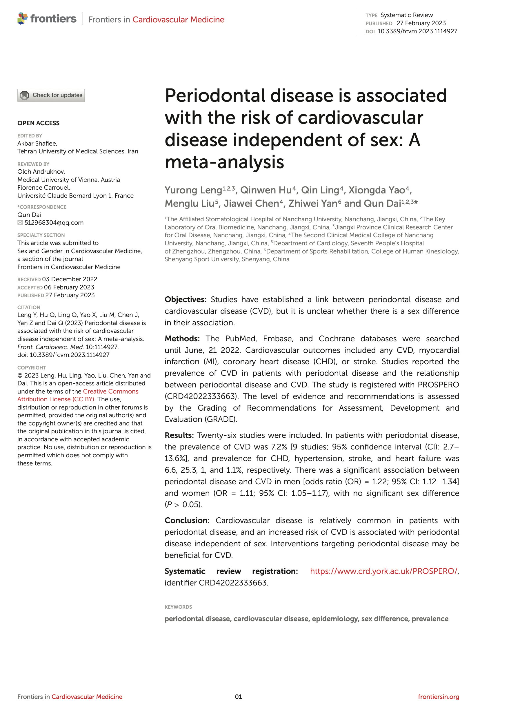 Periodontal disease is associated with the risk of Cardiovascular disease independent of sex