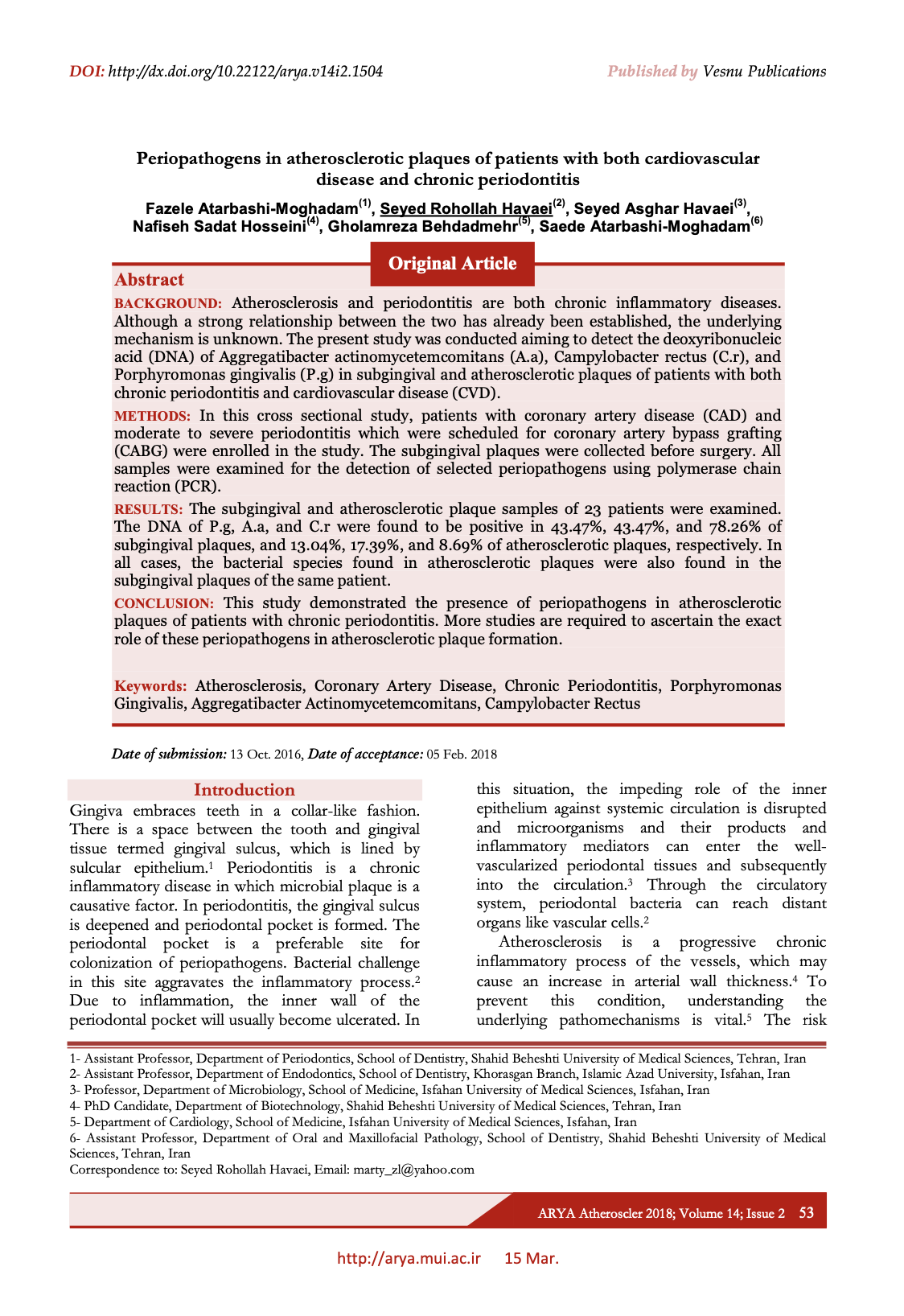 Periopathogens in atherosclerotic plaques of patients with both cardiovascular disease and chronic periodontitis
