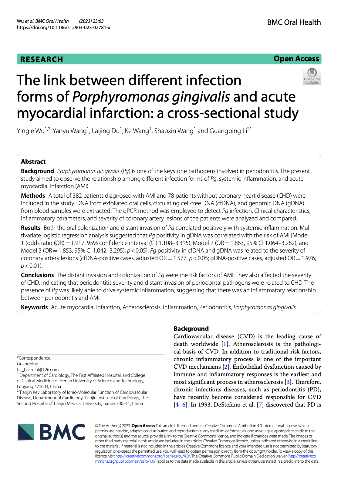 The link between different infection forms of Porphyromonas gingivalis and acute myocardial infarction: a cross-sectional study